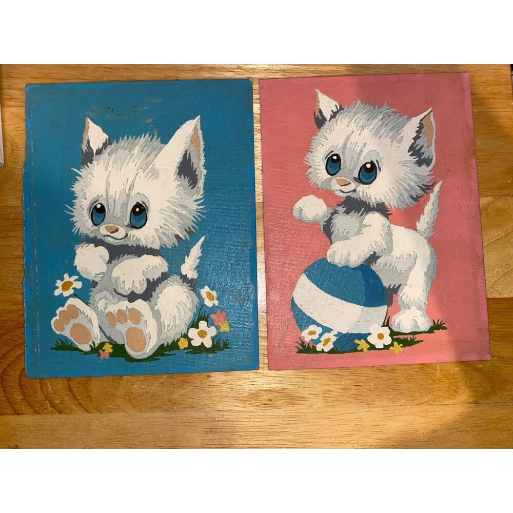 Vintage Kawaii Kitten Cat Kitty Paintings Paint by Number 1969's Nursery Gift